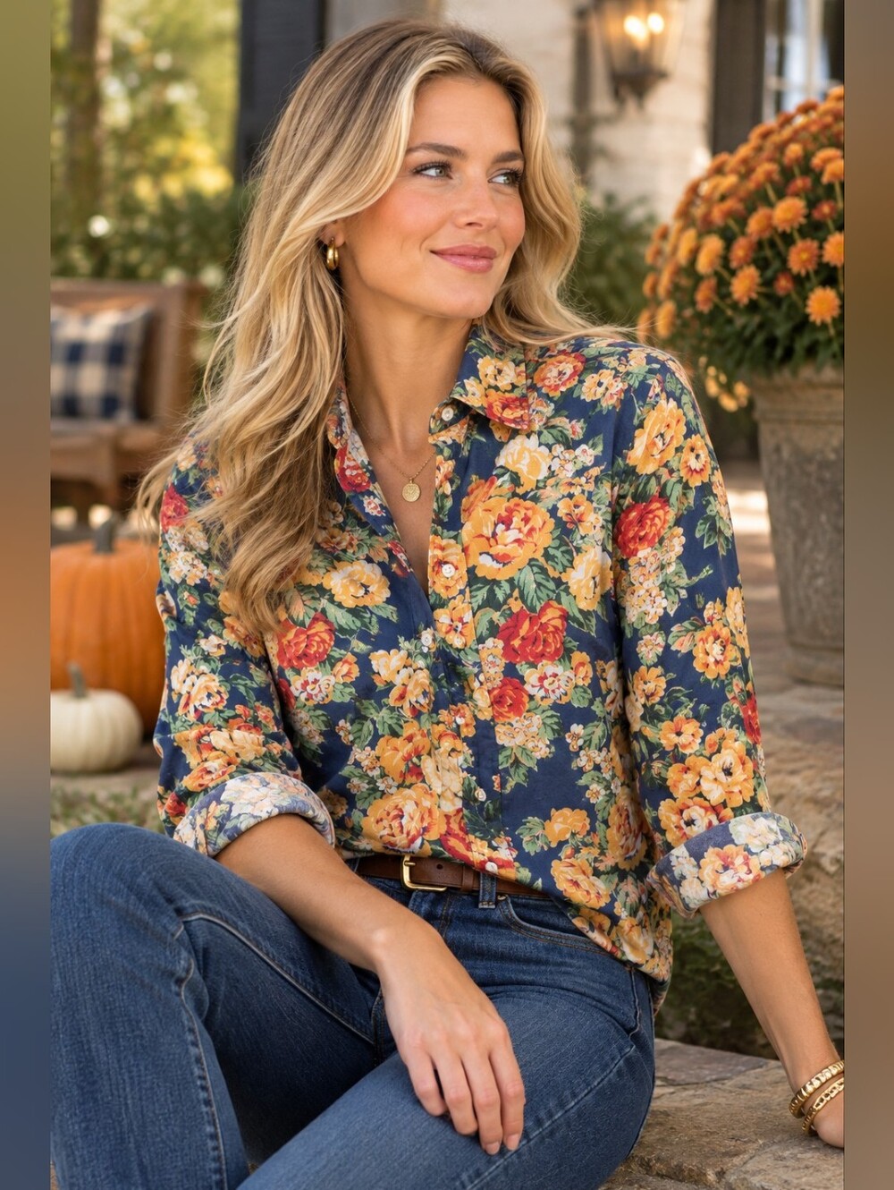 Ralph Lauren Floral Print Button-Up Shirt Navy with Yellow & Red Flowers Size 8 - Picture 16 of 16